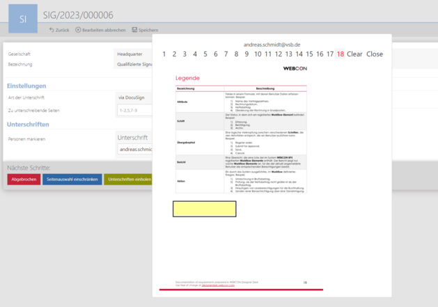 Platzierung der Unterschriftsfelder im Dokument direkt in WEBCON BPS