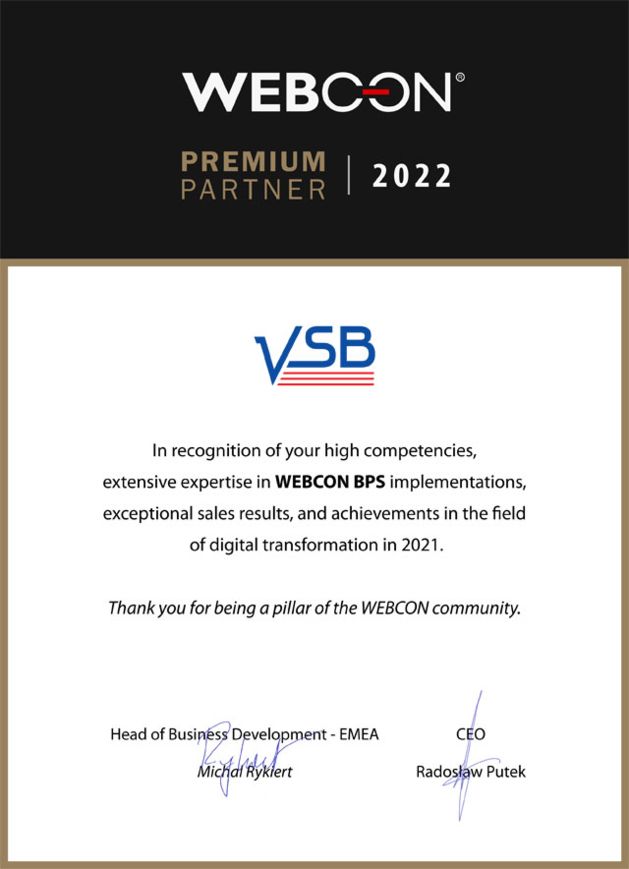 VSB ist WEBCON Premium Partner 2022