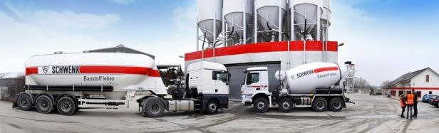 Lastwagen und Silos von SCHWENK Zement