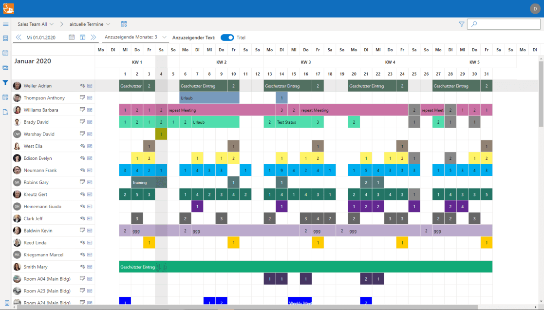 Jahresansicht eines Gruppenkalenders in TimeFleX